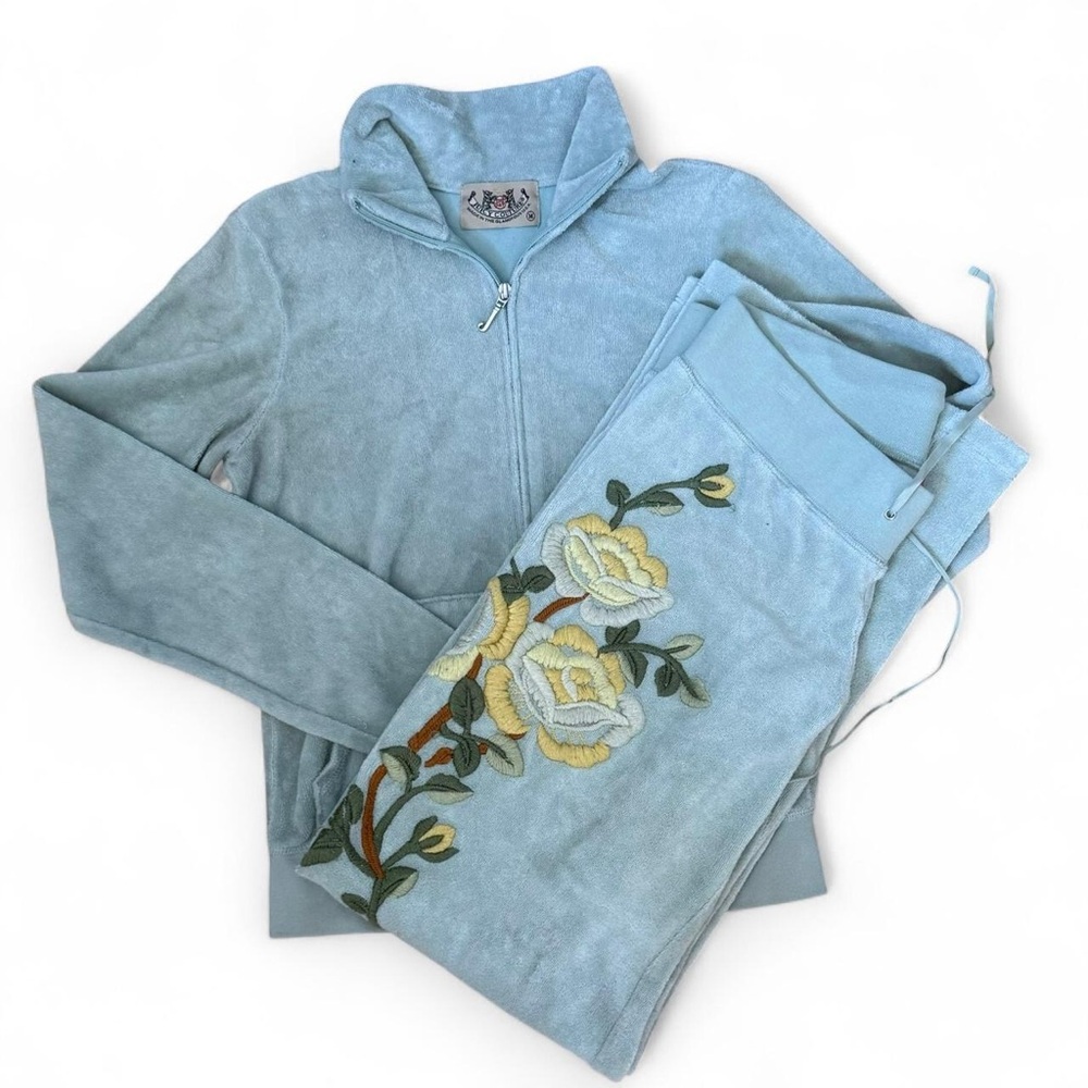 Vintage Juicy Couture Velour Tracksuit Embroidered Floral Motif Sage Green